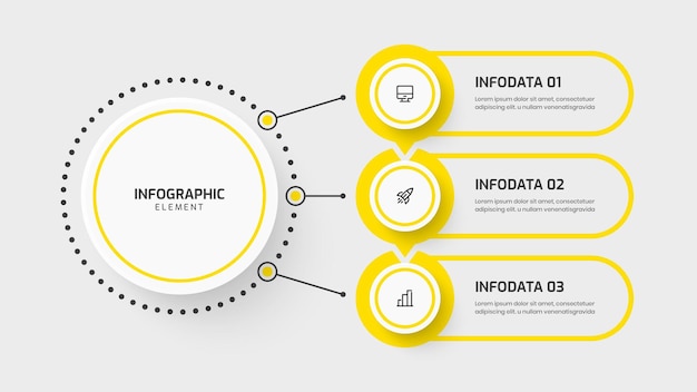 plantilla de infografía de círculo central de negocios con color amarillo 3 opciones e icono