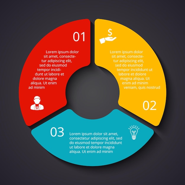 Plantilla de infografía de círculo oscuro vectorial para diagrama de ciclo con 3 opciones de pasos o procesos