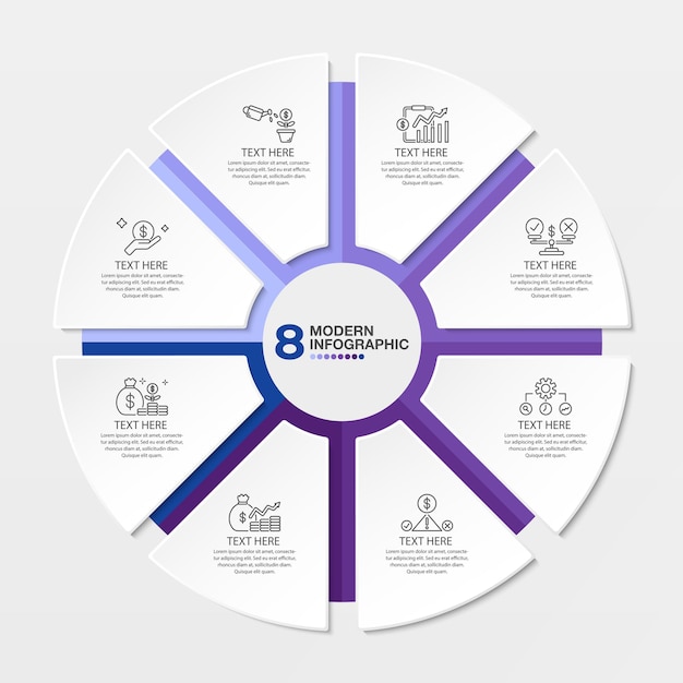 Vector plantilla de infografía de círculo de tono azul con proceso de 8 pasos o gráfico de proceso de opciones