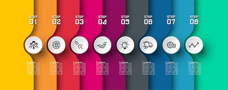 Vector plantilla de infografía colorida de 8 pasos.