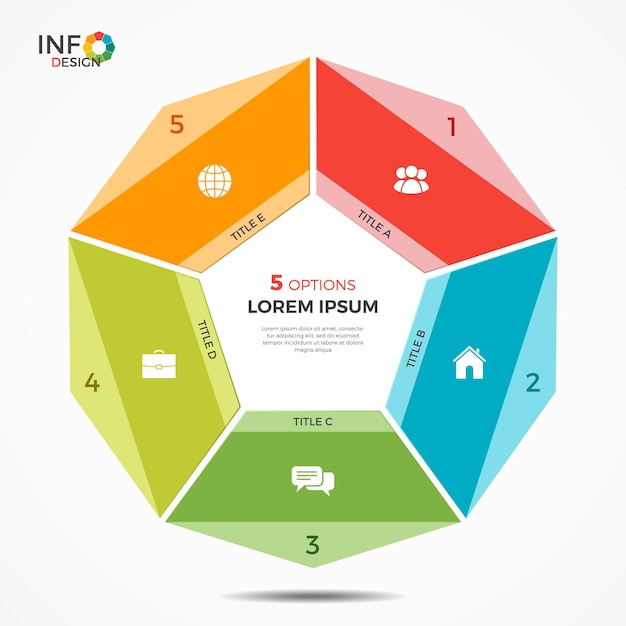 Plantilla de infografía colorida con gráfico circular de 5 opciones. Los elementos de esta plantilla se pueden ajustar, transformar, agregar / completar, eliminar fácilmente y se puede cambiar el color.