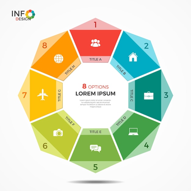 Plantilla de infografía colorida con gráfico circular de 8 opciones. Los elementos de esta plantilla se pueden ajustar, transformar, agregar / completar, eliminar fácilmente y se puede cambiar el color.