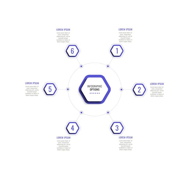 Plantilla de infografía comercial circular con seis elementos hexagonales violetas sobre un fondo blanco