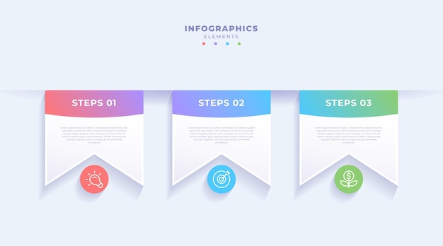 Vector plantilla de infografía comercial degradada con tres pasos u opciones