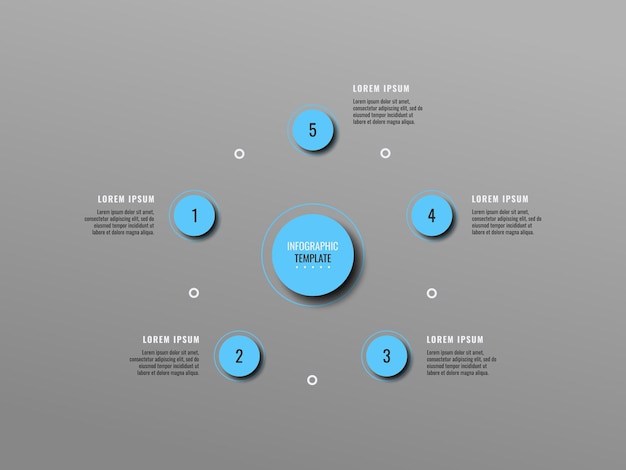 Plantilla de infografía comercial gris circular con cinco elementos redondos de color azul claro y cuadros de texto