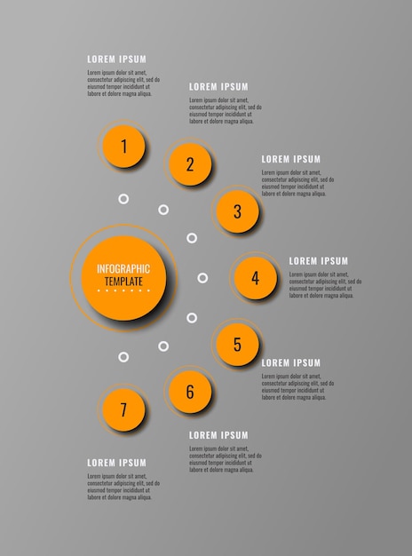 Plantilla de infografía comercial gris vertical con siete elementos naranjas redondos y cuadros de texto