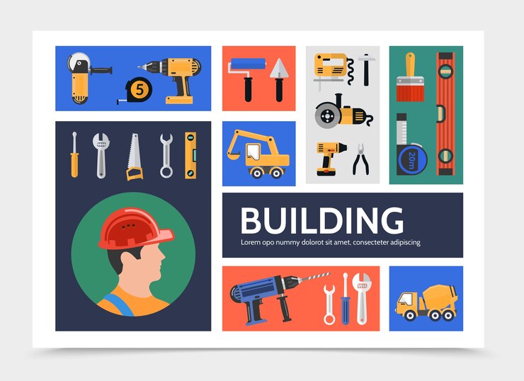 Vector plantilla de infografía de construcción de edificio plano
