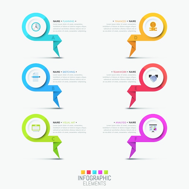 Plantilla de infografía creativa - 6 elementos con letras multicolores