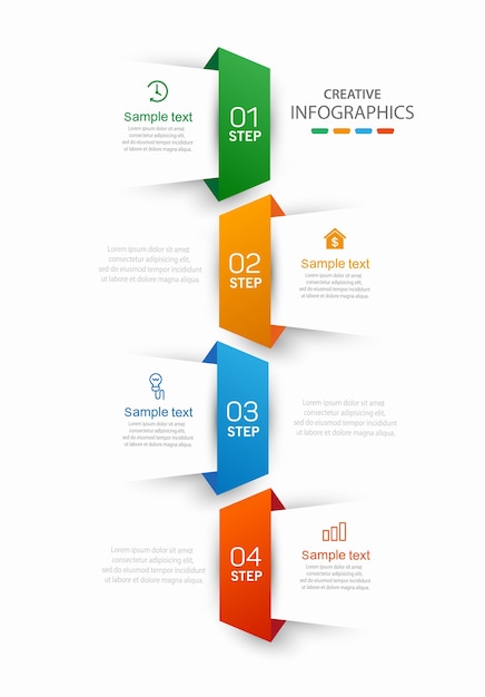 Plantilla de infografía creativa con iconos y 4 pasos.