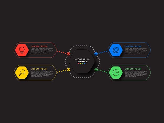 plantilla de infografía con cuatro elementos hexagonales sobre fondo negro