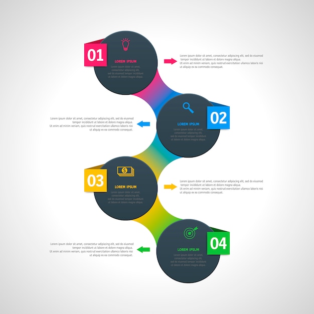 Plantilla de infografía con cuatro opciones en estilo de material. se puede usar como un cuadro, un banner numerado, una presentación, un gráfico, un informe, una web, etc.