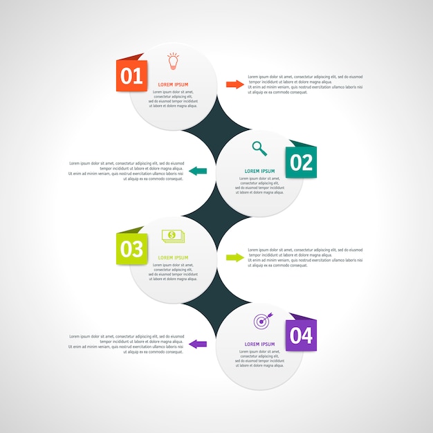 Plantilla de infografía con cuatro opciones en estilo de material. Se puede usar como un cuadro, un banner numerado, una presentación, un gráfico, un informe, una web, etc.