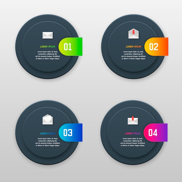 Plantilla de infografía con cuatro opciones en estilo de material. Se puede usar como un cuadro, un banner numerado, una presentación, un gráfico, un informe, una web, etc.