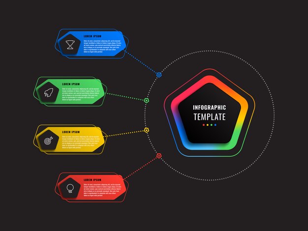 Plantilla de infografía de cuatro opciones con pentágonos y elementos poligonales sobre un fondo negro. Visualización de procesos empresariales modernos con iconos de marketing de línea delgada.