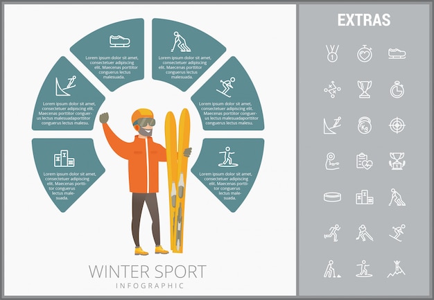 Plantilla de infografía de deporte de invierno, elementos, iconos