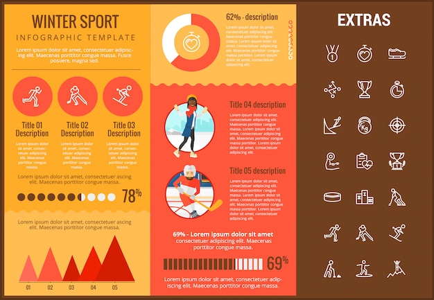 Vector plantilla de infografía de deporte de invierno, elementos, iconos