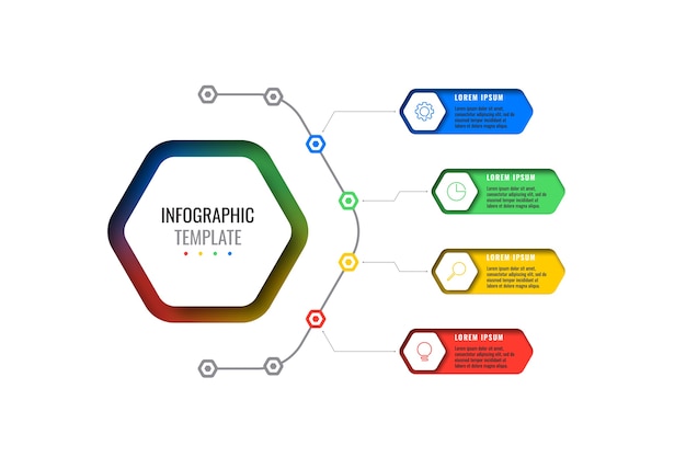 Plantilla de infografía de diseño de cuatro opciones con elementos hexagonales. Diagrama de proceso empresarial para folleto, banner, informe anual y presentación.