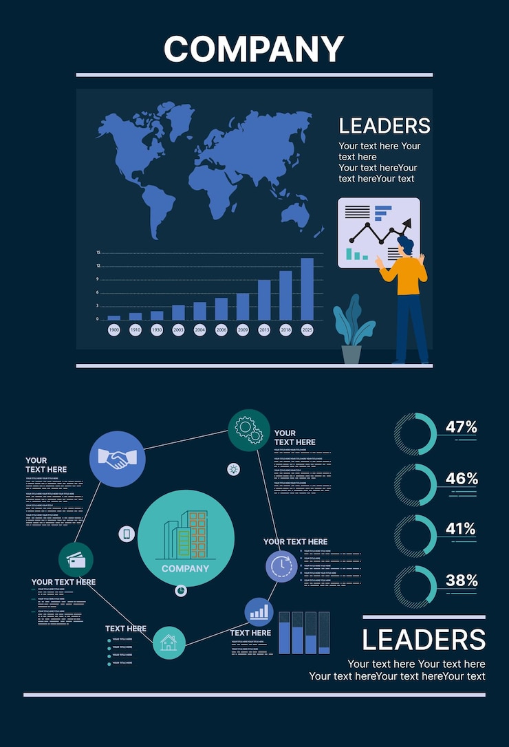 Vector plantilla de infografía de la empresa elementos comerciales planos y oscuros