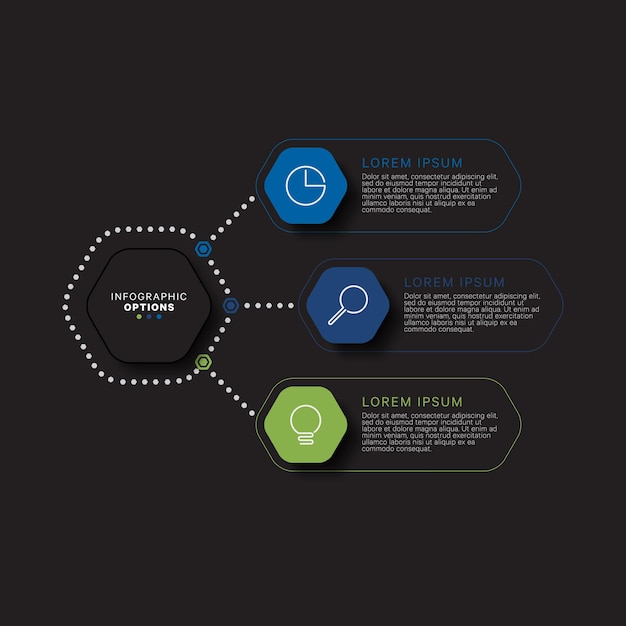 Plantilla de infografía empresarial con elementos realistas hexagonales en colores planos sobre un fondo negro