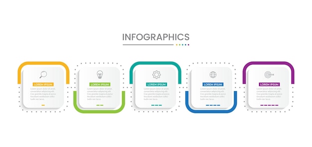 Plantilla de infografía empresarial Etiqueta de diseño de línea delgada con icono y 5 pasos o procesos de opciones