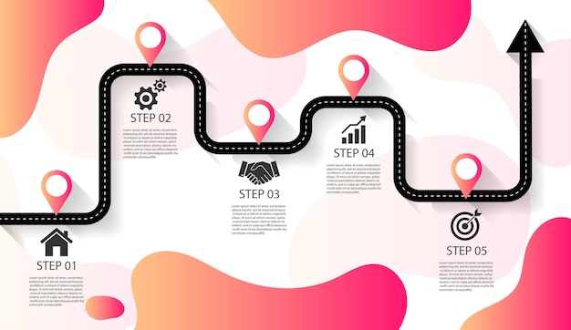 Plantilla de infografía empresarial de hoja de ruta con ruta de viaje de 5 pasos e ilustración de vector de línea de tiempo de camino sinuoso en diseño moderno de estilo plano se puede utilizar para banner de diseño de presentaciones de proceso