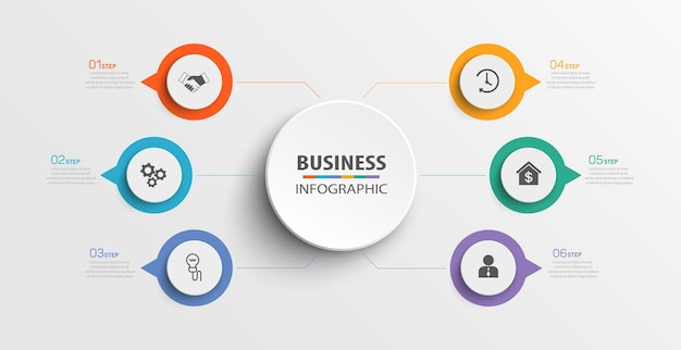 Plantilla de infografía empresarial con iconos y 6 opciones o pasos