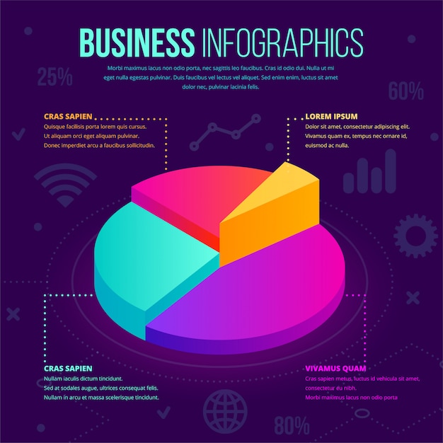 Vector plantilla de infografía empresarial isométrica. icono de gráfico circular de gradiente de neón 3d, concepto creativo para el diseño de documentos, informes, presentaciones, infografías, diseño web, aplicaciones. ilustración