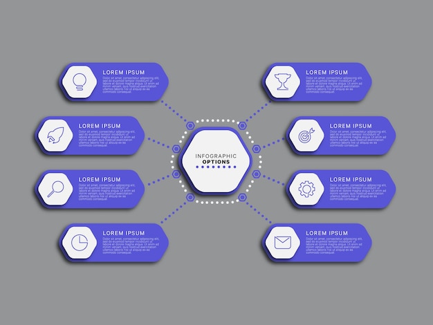 Plantilla de infografía empresarial moderna de ocho pasos con elementos hexagonales violetas sobre un fondo gris