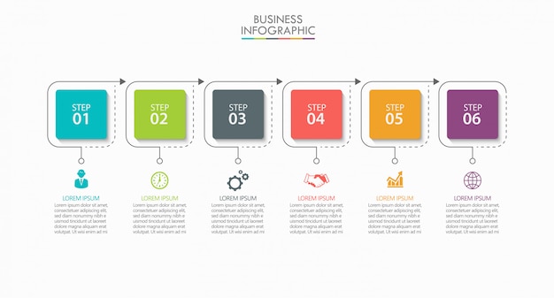 Plantilla de infografía empresarial de presentación con 6 opciones.