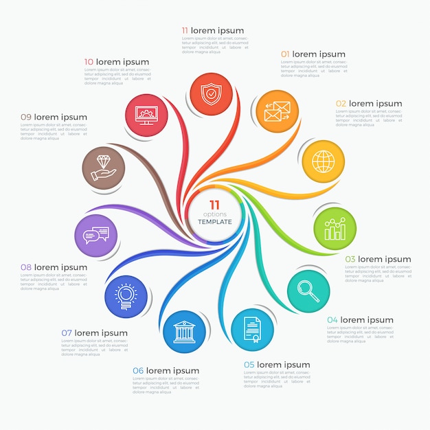 Plantilla de infografía estilo remolino con 11 opciones.