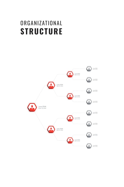 Plantilla de infografía de estructura de jerarquía moderna con elementos rojos hexagonales sobre un fondo blanco