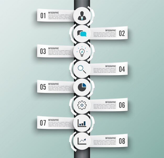Plantilla de infografía con etiqueta de papel 3d. Ocho opciones de negocios.
