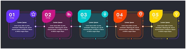 plantilla de infografía En un fondo oscuro 5 pasos que están relacionados entre sí Puede utilizar la plantilla para mostrar sus pasos en formato electrónico o imprimible