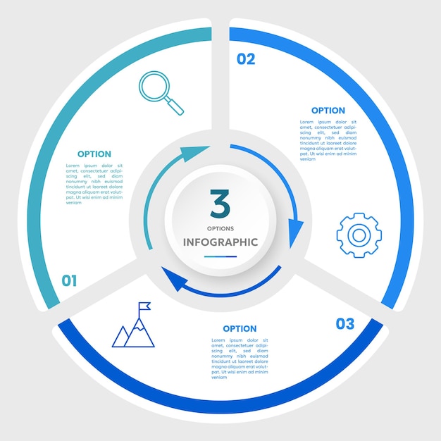 Plantilla de infografía de gráfico circular con 3 opciones para presentaciones