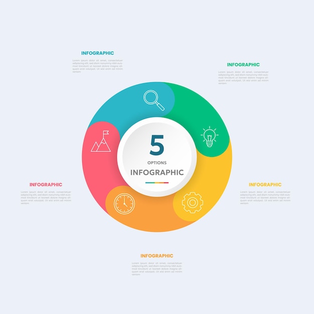 Plantilla de infografía de gráfico circular con 5 opciones para presentaciones