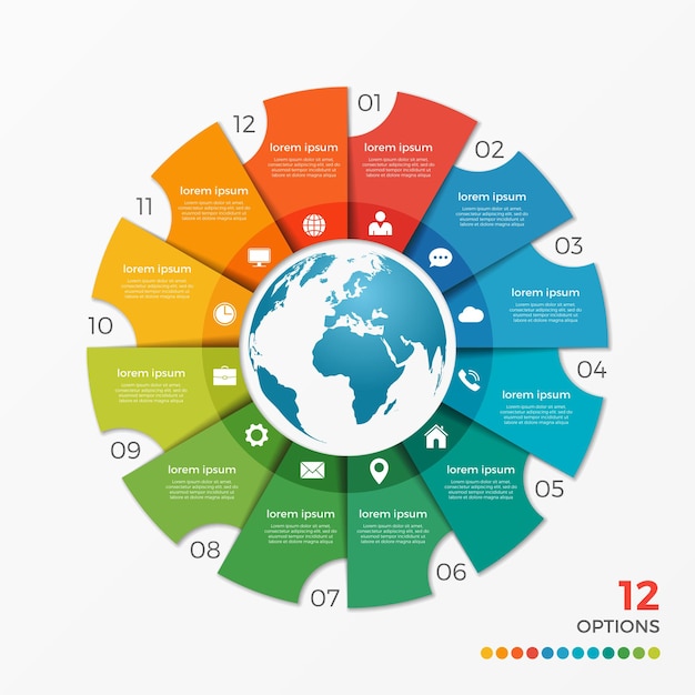 Plantilla de infografía de gráfico circular con opciones de globo 12 para presentaciones, publicidad, diseños, informes anuales, diseño web.