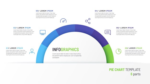 Plantilla de infografía de gráfico circular de vector en forma de semicírculo dividido por seis partes