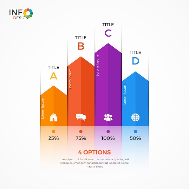 Plantilla de infografía de gráfico de columnas con 4 opciones. Los elementos de esta plantilla se pueden ajustar, transformar, agregar / completar, eliminar fácilmente y se puede cambiar el color.