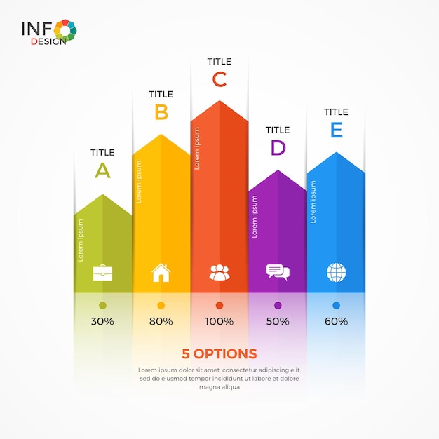 Plantilla de infografía de gráfico de columnas con 5 opciones. Los elementos de esta plantilla se pueden ajustar, transformar, agregar / completar, eliminar fácilmente y se puede cambiar el color.