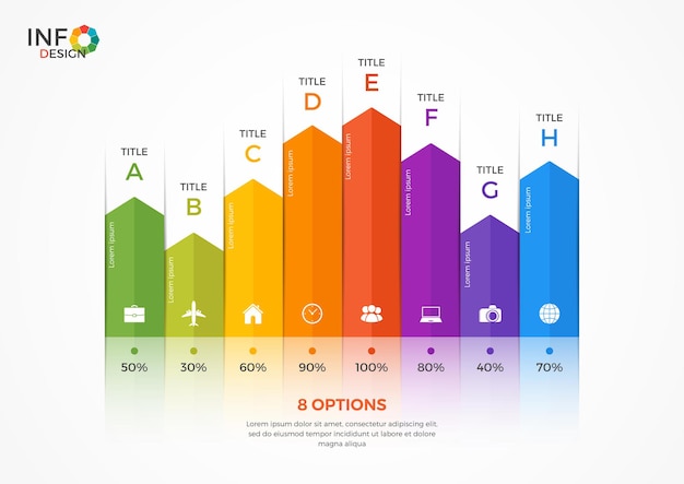 Vector plantilla de infografía de gráfico de columnas con 8 opciones. los elementos de esta plantilla se pueden ajustar, transformar, agregar / completar, eliminar fácilmente y se puede cambiar el color.