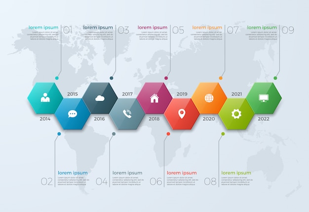 Plantilla de infografía de gráfico de línea de tiempo con 9 opciones