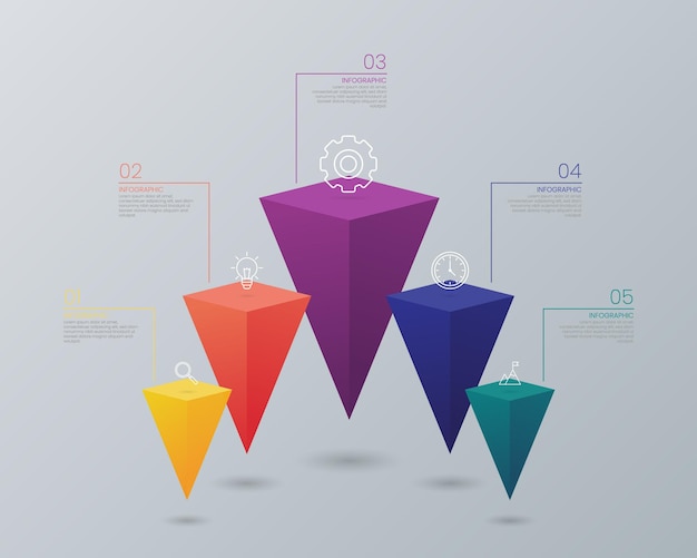plantilla de infografía de gráfico de prisma triangular 3D con 5 íconos diseño de pirámide