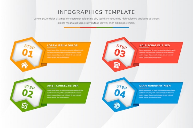 Plantilla de infografía hexagonal cuatro proceso o paso para la presentación de negocios. colores planos de verde, azul, rojo, naranja. estilo de corte diagonal de papel.