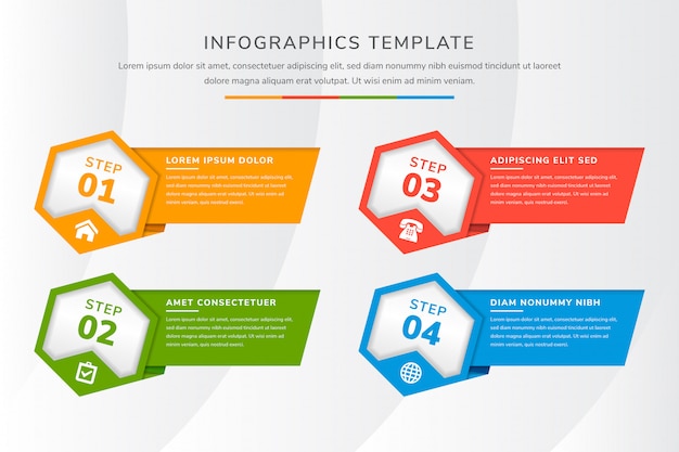 Plantilla de infografía hexagonal cuatro proceso o paso para la presentación de negocios. Colores planos de verde, azul, rojo, naranja. estilo de corte diagonal de papel.