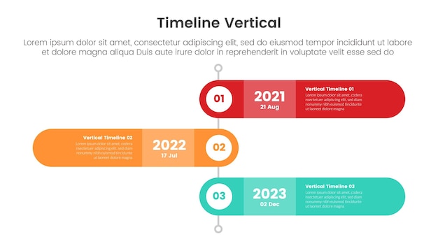 plantilla de infografía de hito de línea de tiempo vertical banner con caja rectangular redonda dirección opuesta con información de lista de 3 puntos para presentación de diapositivas