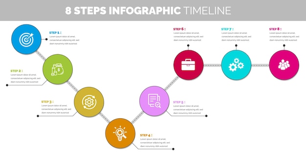 Vector plantilla de infografía de hoja de ruta de línea de tiempo de 8 pasos