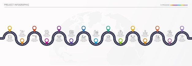 Plantilla de infografía de hoja de ruta con proceso o opciones de 15 pasos