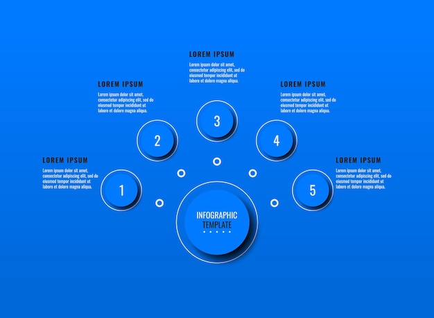 Plantilla de infografía horizontal con cinco elementos redondos azules sobre un fondo azul