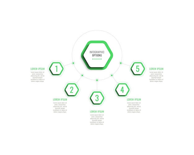 Plantilla de infografía horizontal de cinco pasos con elementos hexagonales verdes sobre un fondo blanco