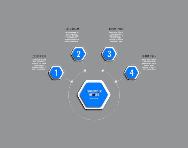 Plantilla de infografía horizontal con cuatro pasos hexagonales azules sobre un fondo gris